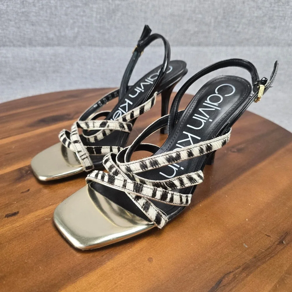 Calvin Klein Zebra Print Strappy Sandals Gold Square Toe Stiletto Heels 34E00014